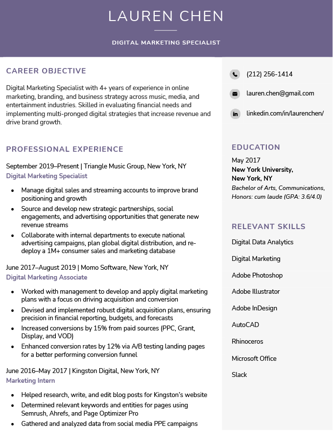 A good example of an ats resume template with a violet resume header