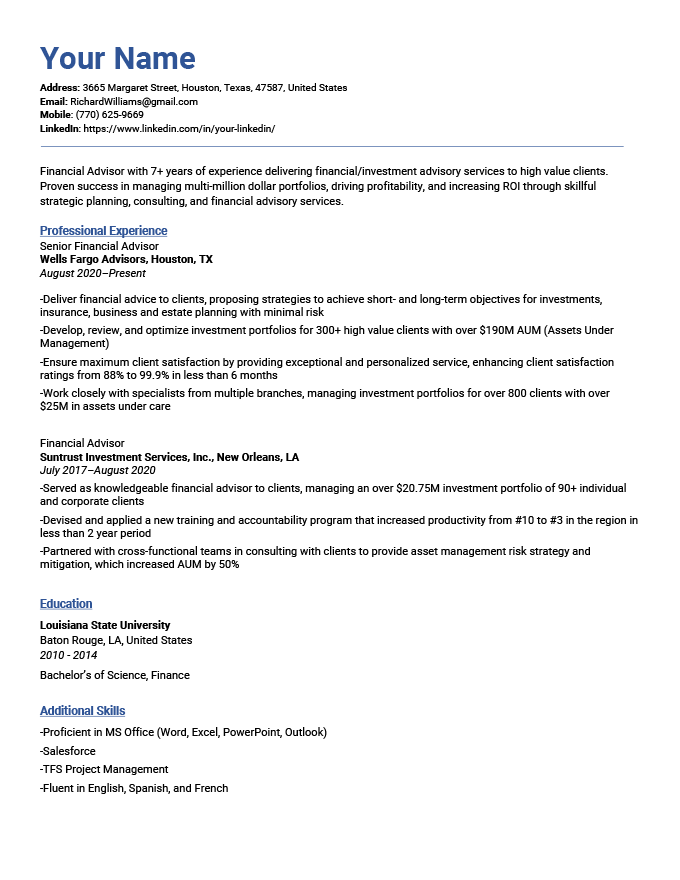 A simple resume template with blue header text and left-aligned content that was designed and tested specifically to pass through ATS software.