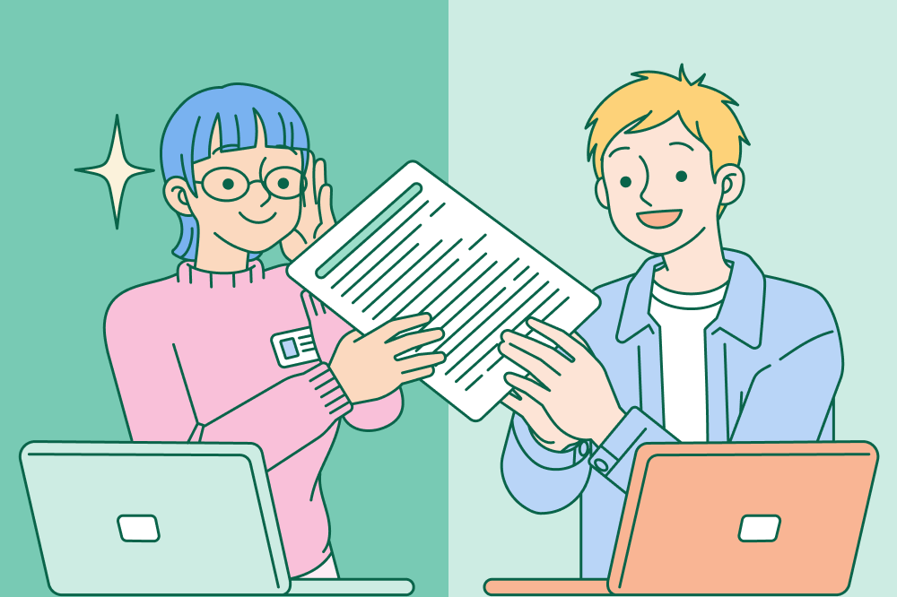 A cartoon graphic showing a man on a computer handing his resume to a woman on a computer, representing how ATS software directly connects jobseekers with employers.