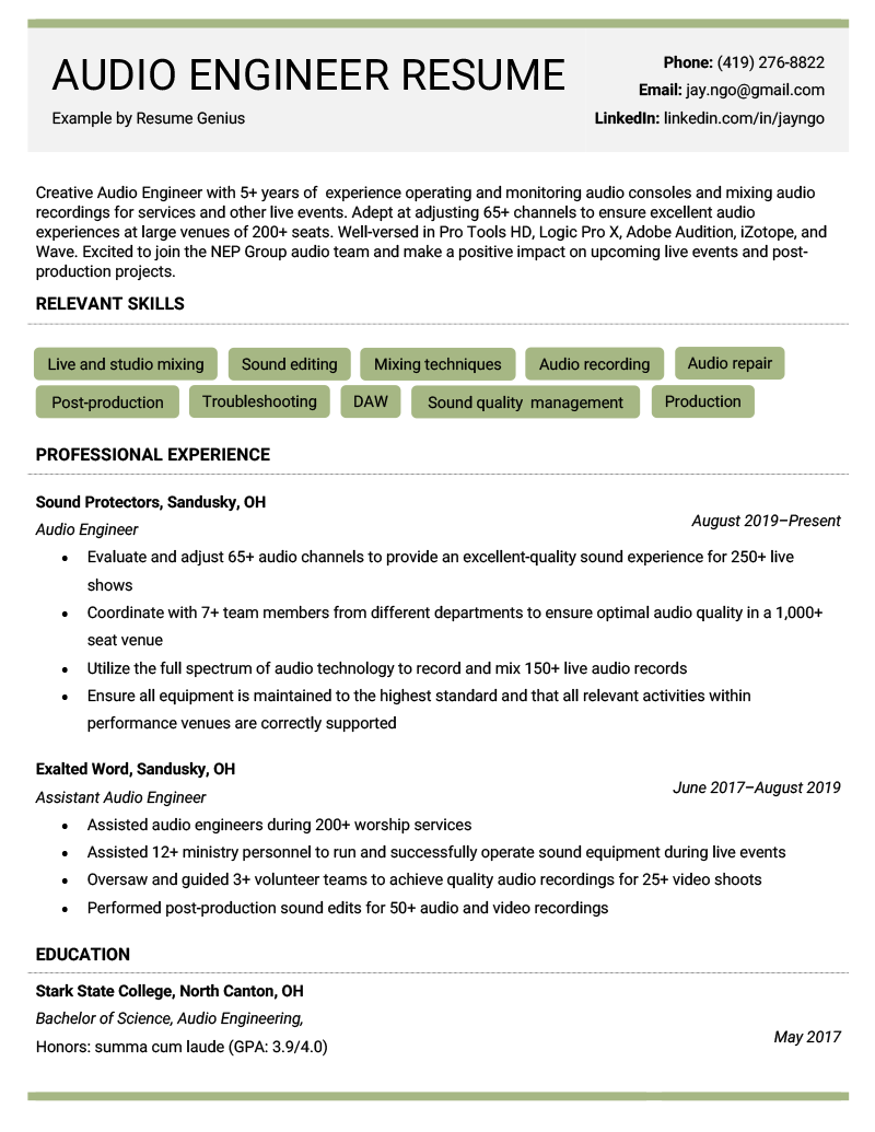 A professional audio engineer resume sample with a horizontal header and key skills highlighted in green
