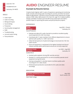 A professional audio engineer resume sample with a horizontal header and key skills highlighted in green