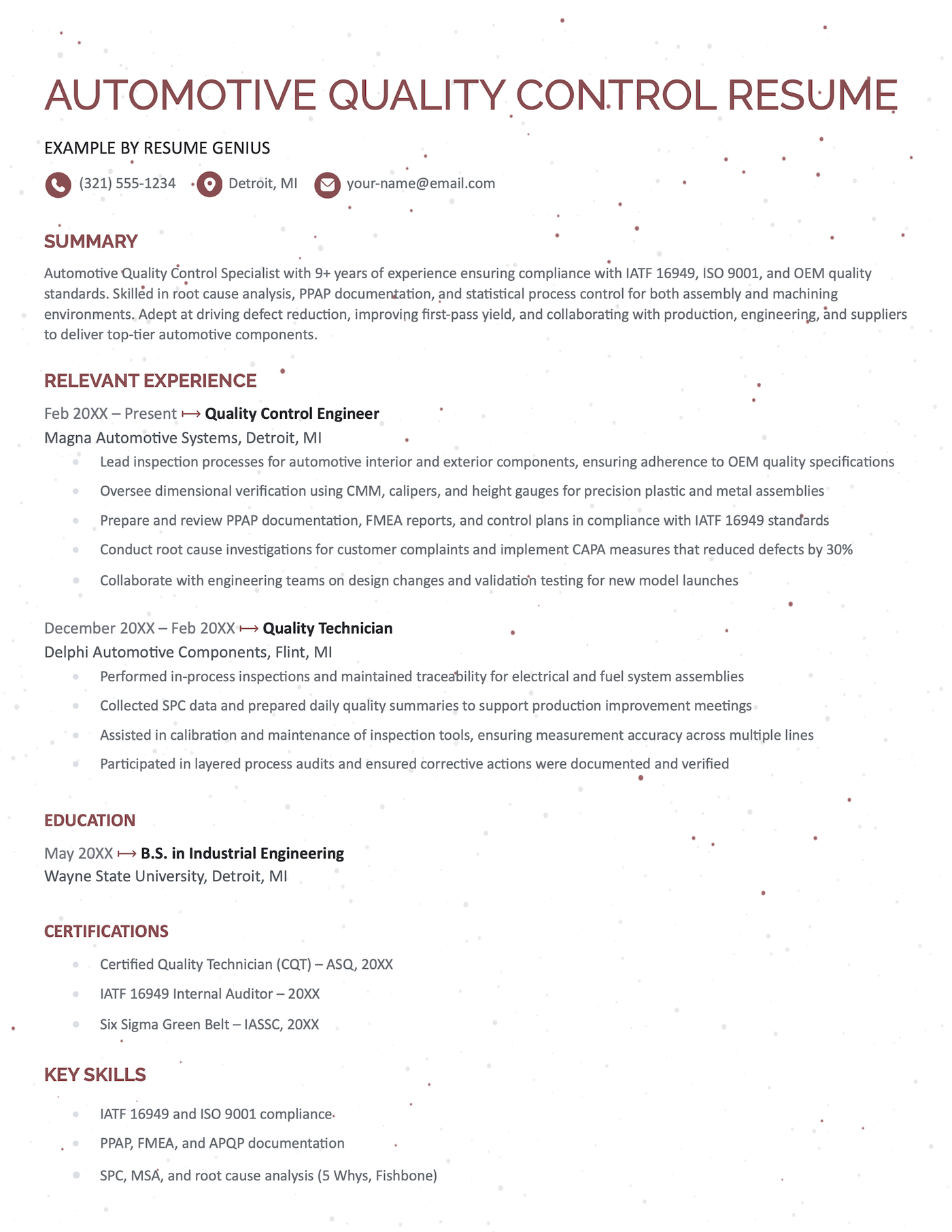 An automotive quality control resume example.