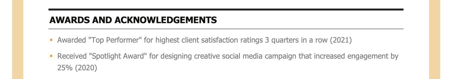 une image d'une section de récompenses et de remerciements de CV dans Microsoft Word