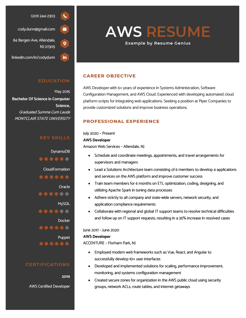 An aws resume example using a black and orange color scheme