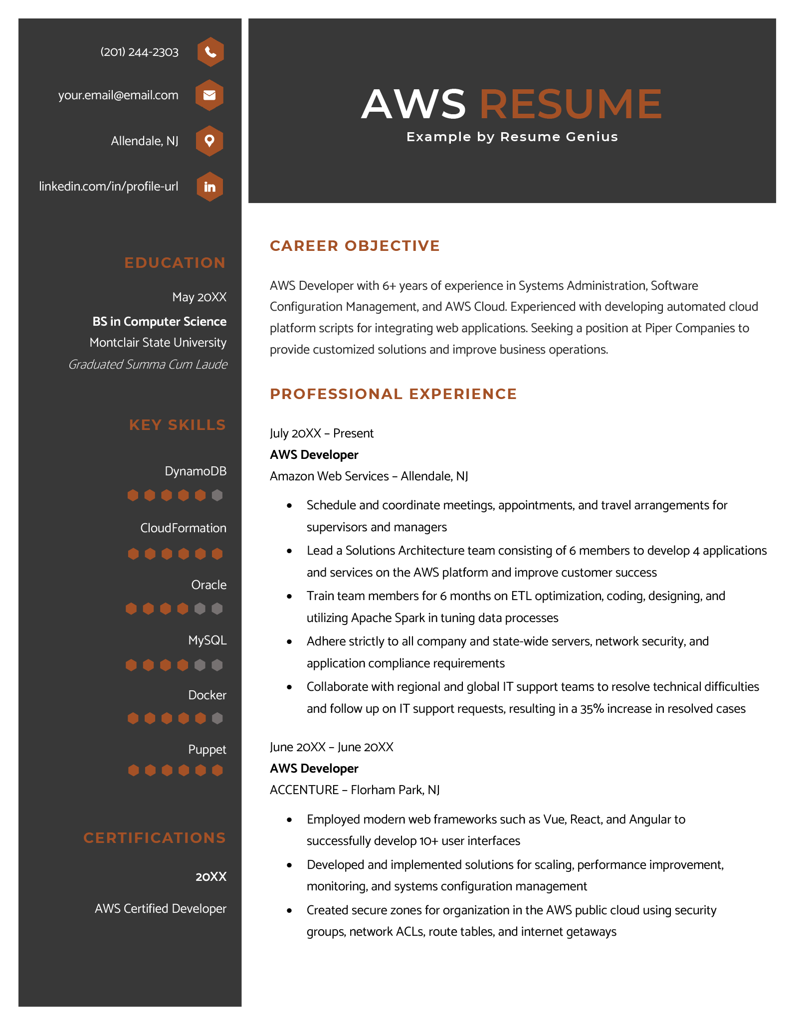 An aws resume example using a black and orange color scheme