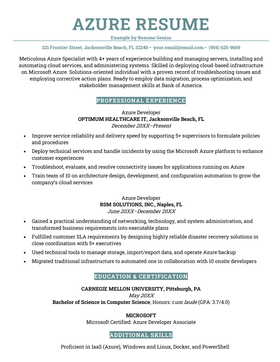 An Azure resume that summarizes the qualiifications, educational background, skills, and work history of a candidate for a job who is experienced using Microsoft Azure.