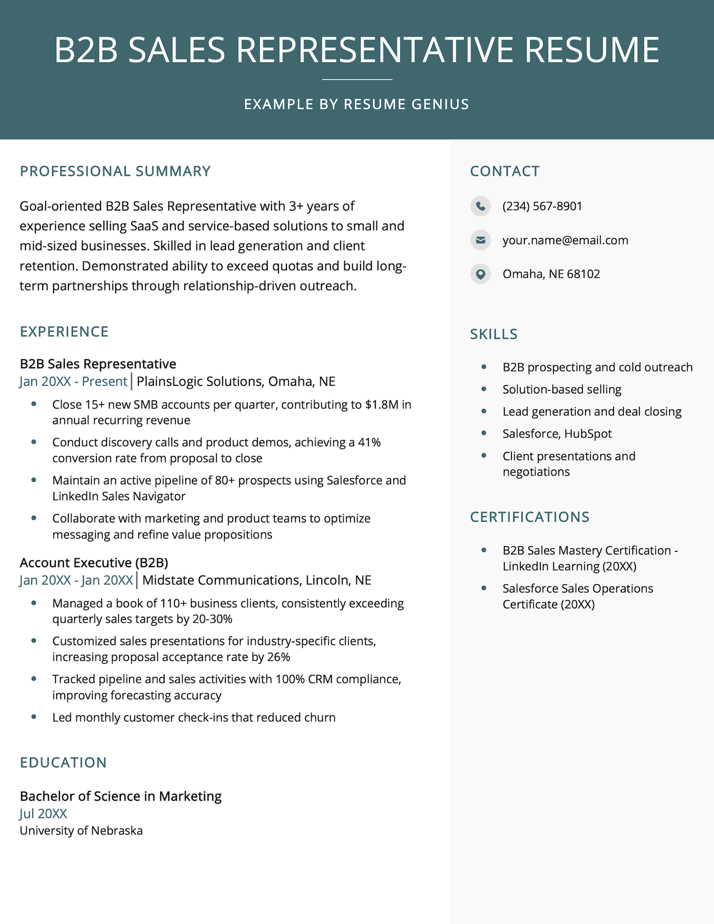 A B2B sales resume example.