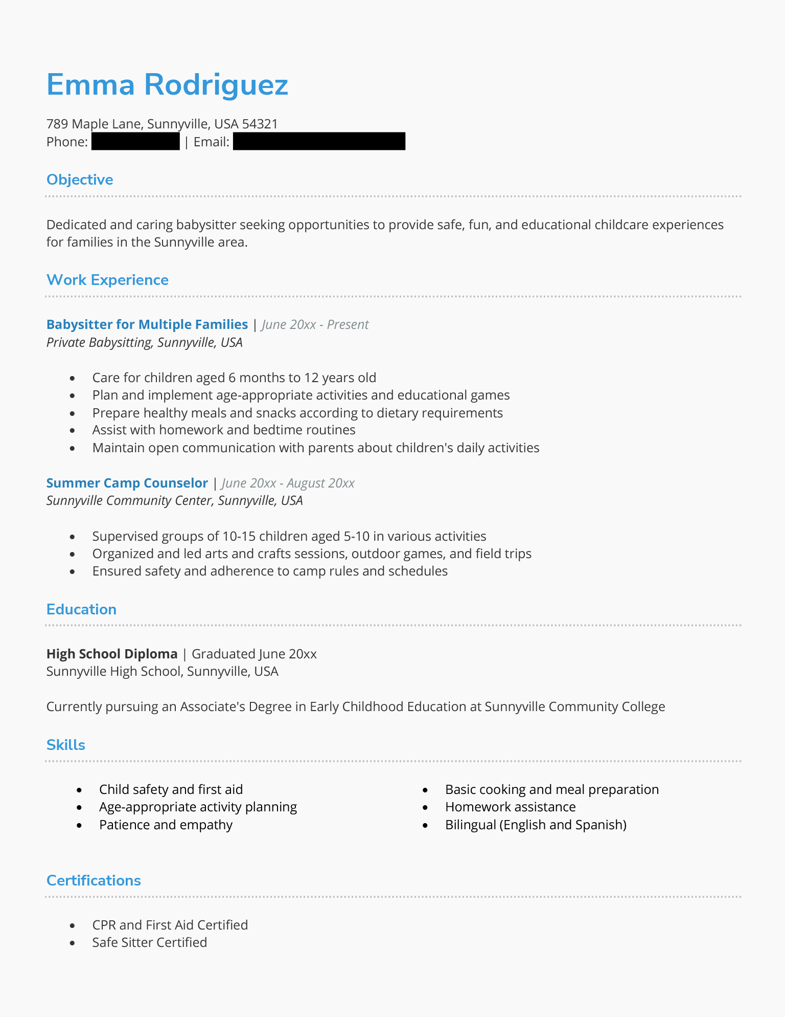 Example of a resume written by a recent high school graduate that landed them a babysitting position