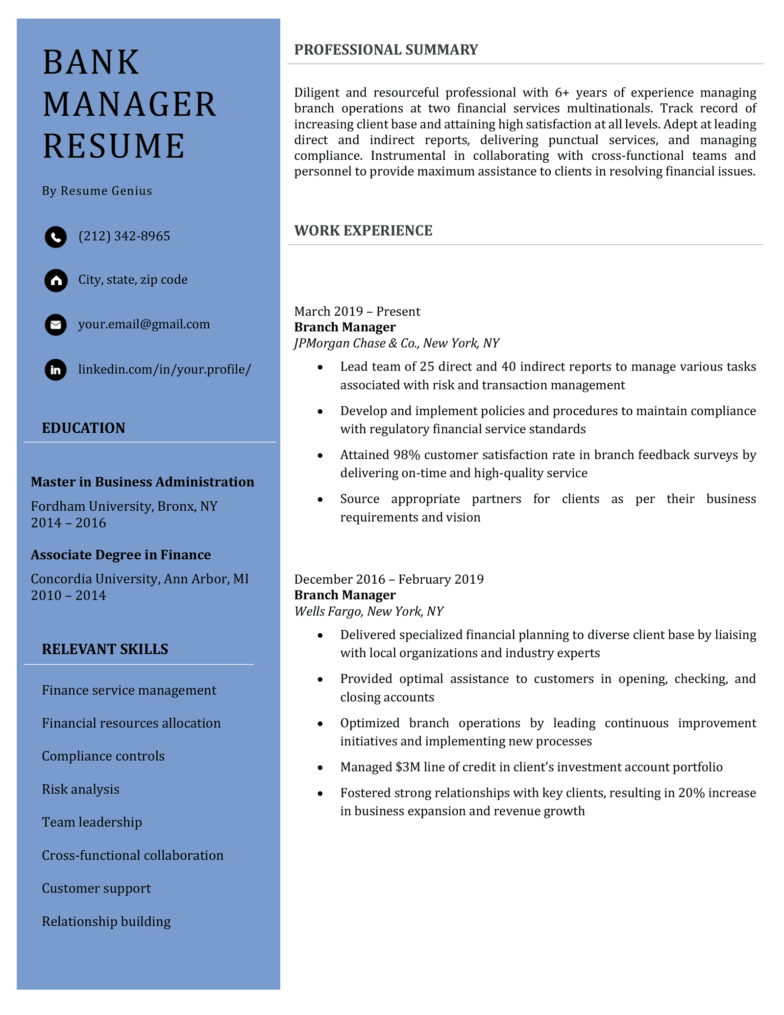 A bank manager resume example in blue with a two-column layout and prominent resume icons used for the contact details section.