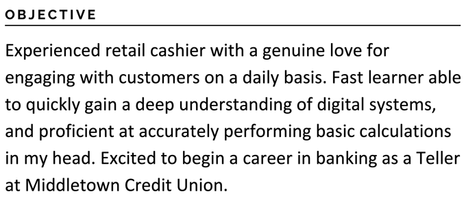 A bank teller resume objective example with black text and three sentences detailing the applicant's transferable skills and experience