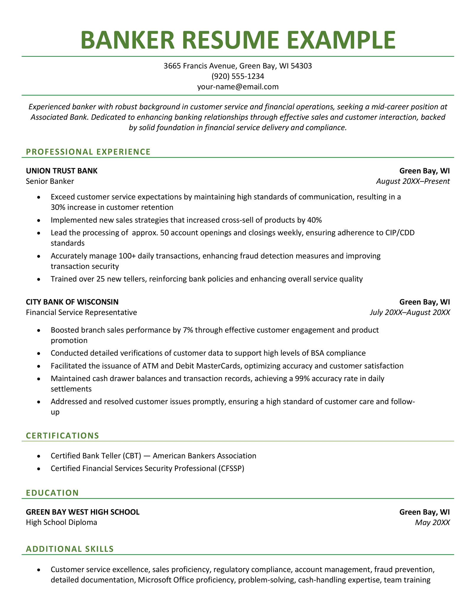 A banker resume example that uses a simple template with a green color scheme.