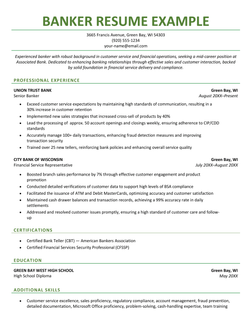A banker resume example that uses a simple template with a green color scheme.