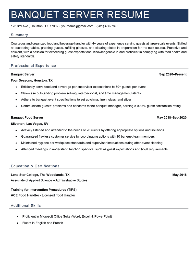 A banquet server resume with a blue header above the applicant's contact information, personal summary, professional experience, education, and skills sections