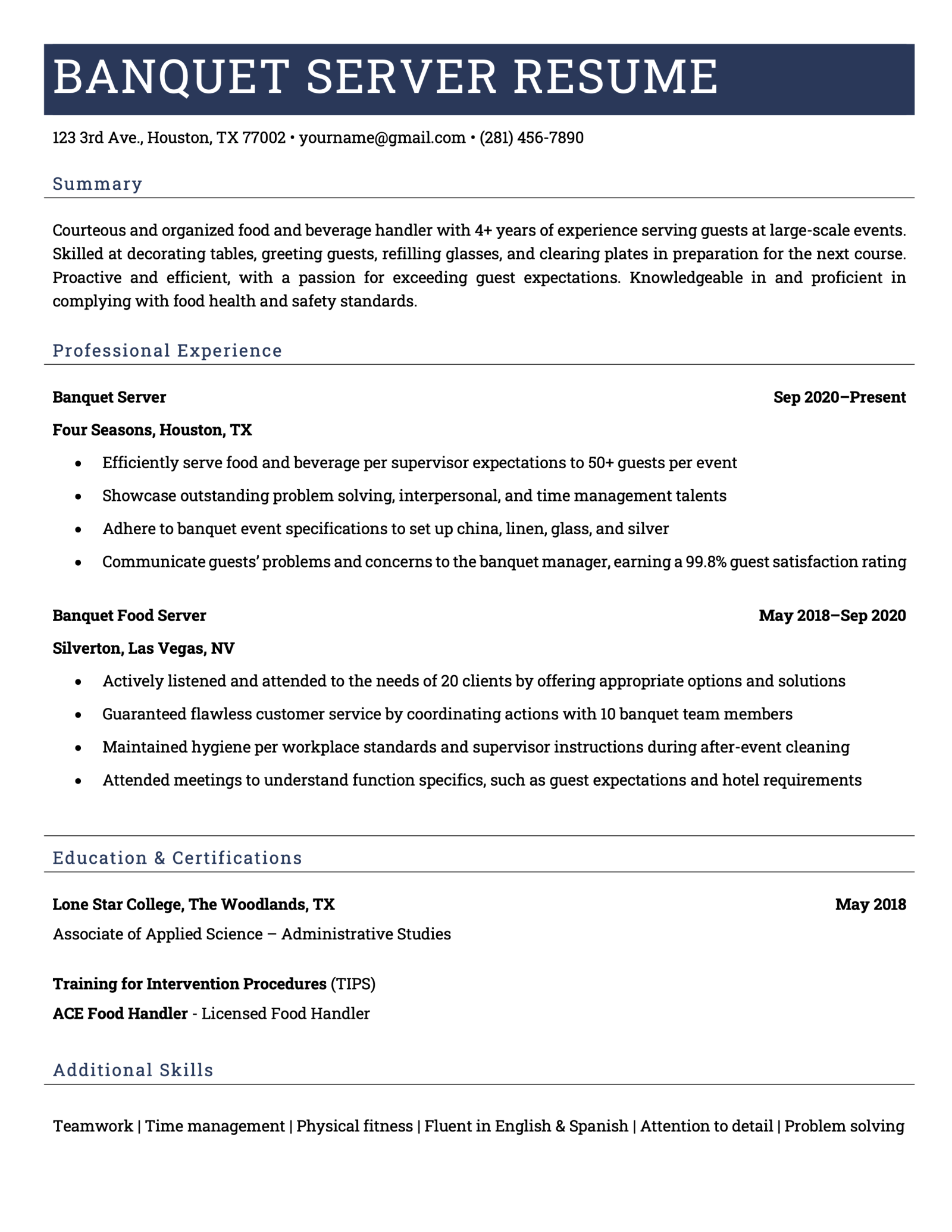 A banquet server resume with a blue header above the applicant's contact information, personal summary, professional experience, education, and skills sections