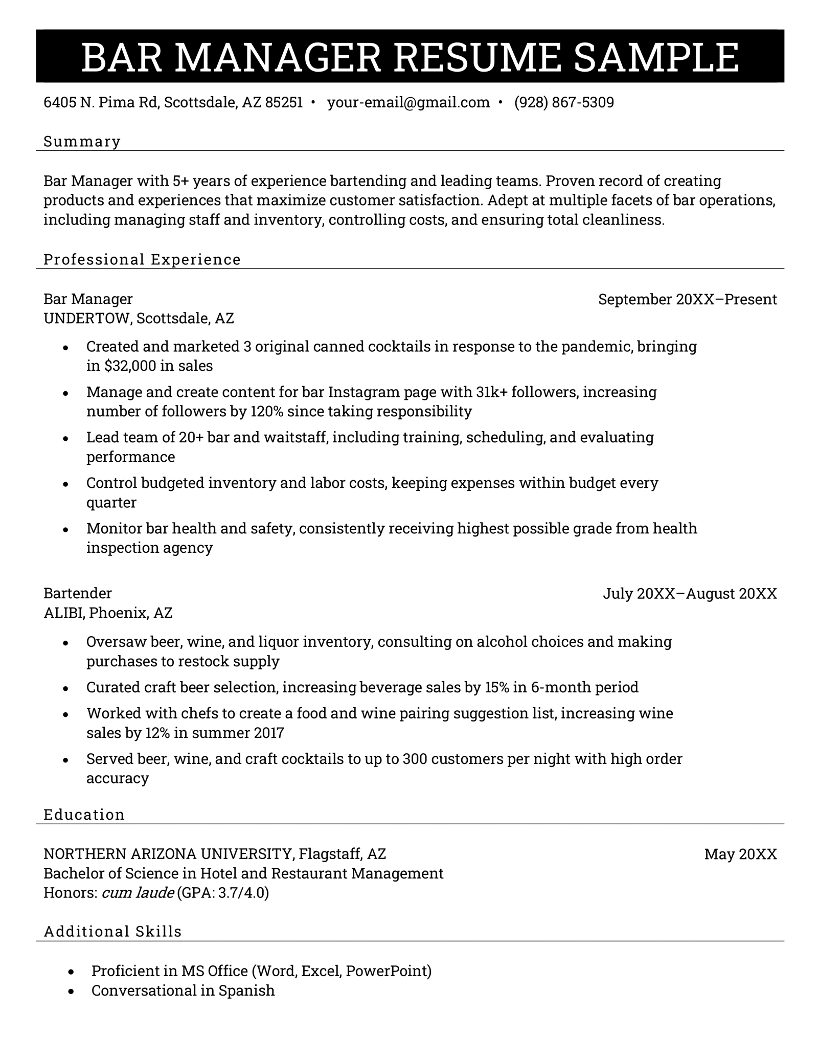 A bar manager resume sample with a black bar for the applicant's name at the top followed by contact information, a resume summary, professional experience, education, and additional skills