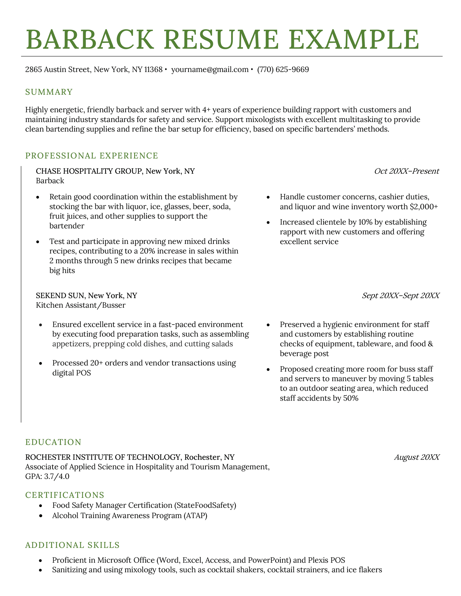 A barback resume sample with a brown title, an objective, as well as professional experience, education, certifications and additional skills sections