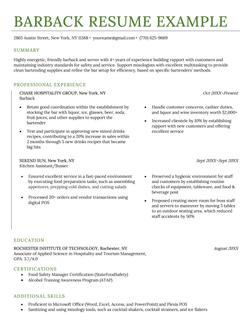 A barback resume sample with a green title, an objective, as well as professional experience, education, certifications and additional skills sections