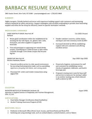 A green color scheme barback resume sample that uses a two-column layout in its work experience section and has plently of white space.