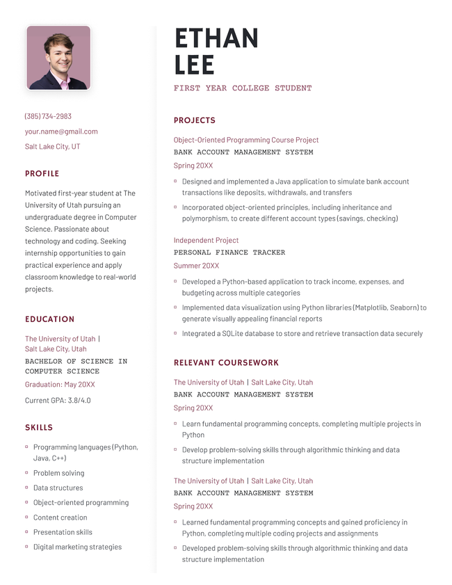 The Base student resume template in pink.