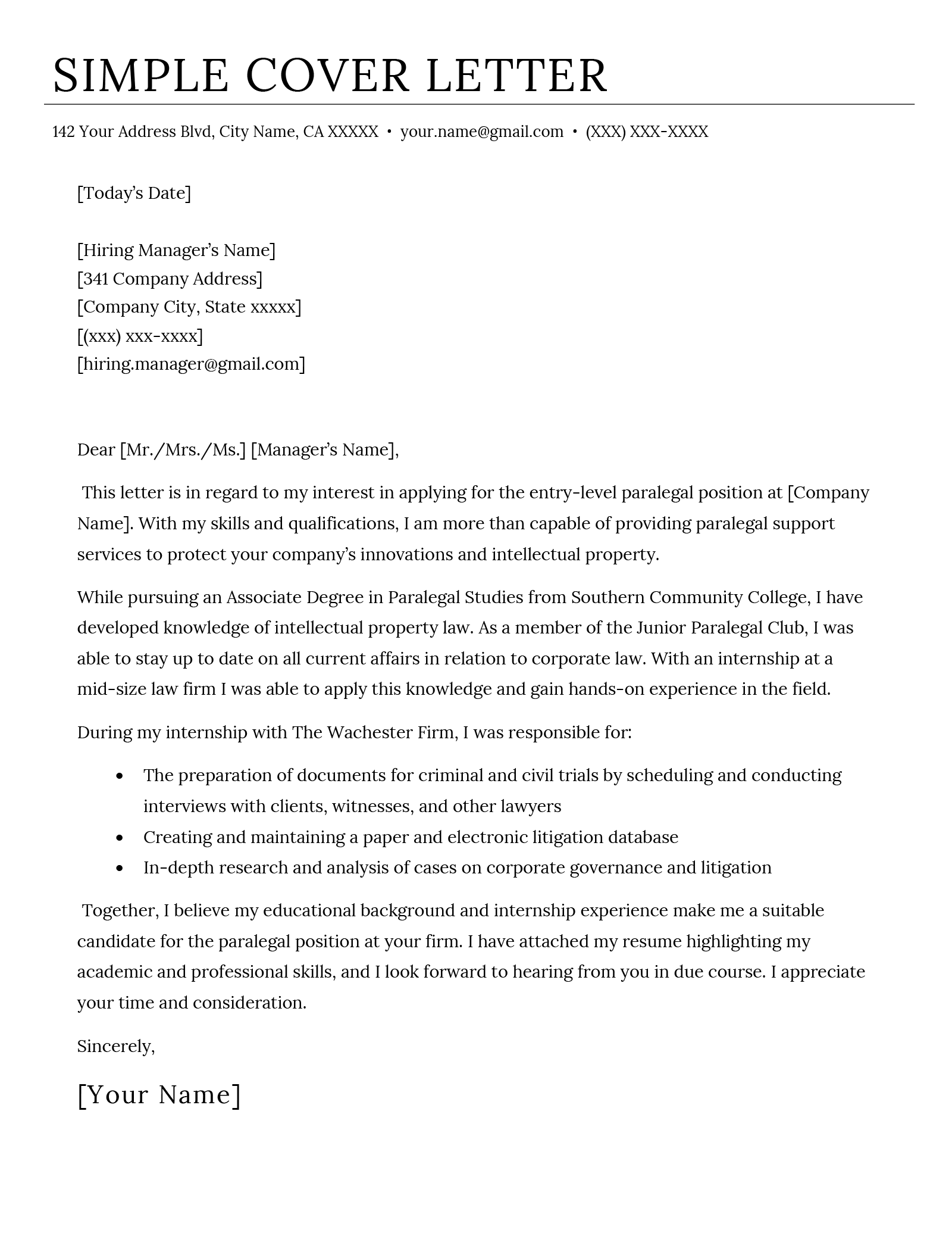 An example of a cover letter using a basic template with simple design features