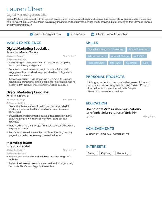 Example of the completed basic resume template for the Novorésumé review.
