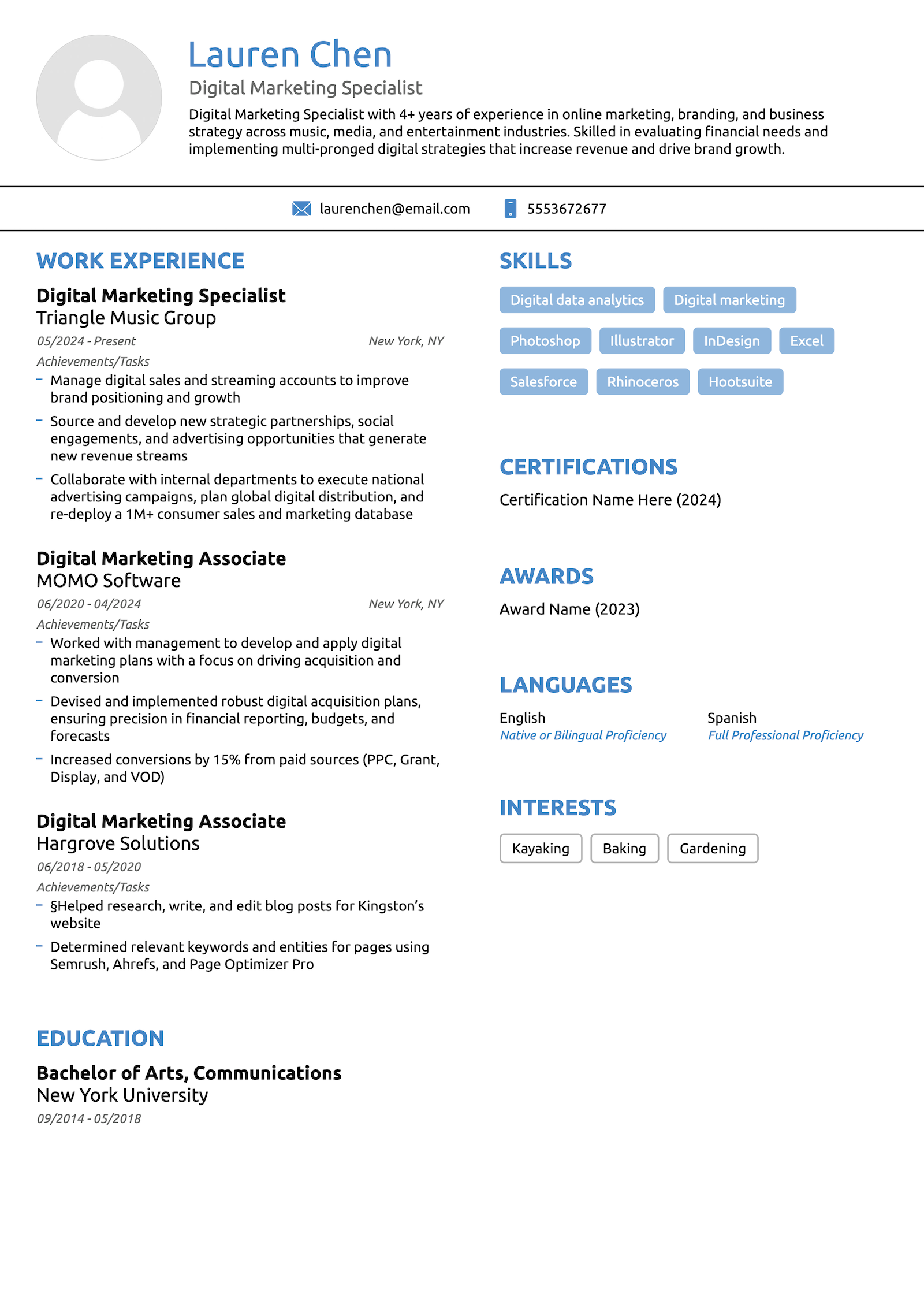 Example of the completed basic resume template for the Novorésumé review.