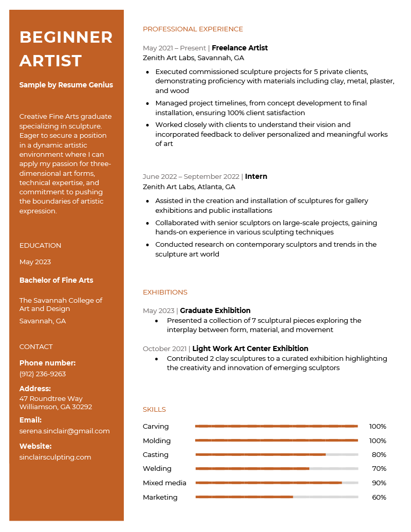 A beginner artist resume example using a template with an orange border on the left side containing the candidate's resume objective, contact info, and education