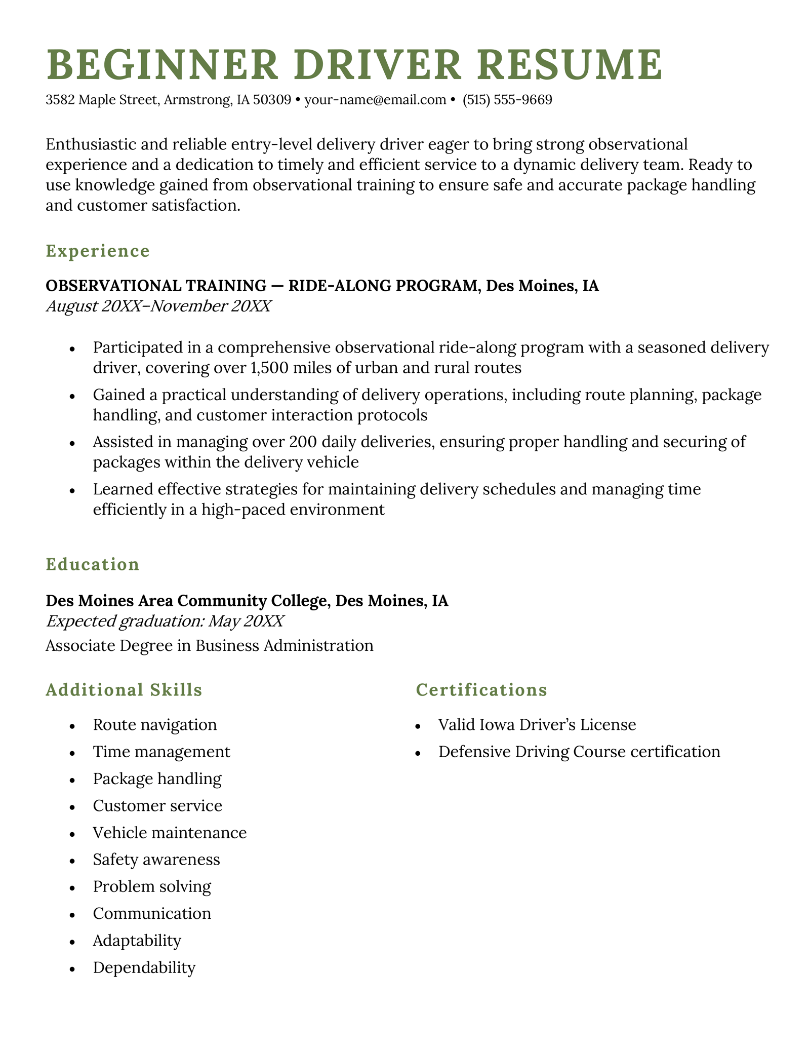 A beginner driver resume example that features training experience.