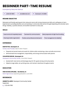 A simple beginner resume example for a part-time job.