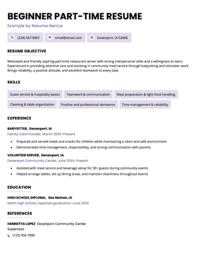 A simple beginner resume example for a part-time job.