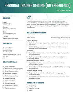 A beginner personal trainer resume (no experience) example.