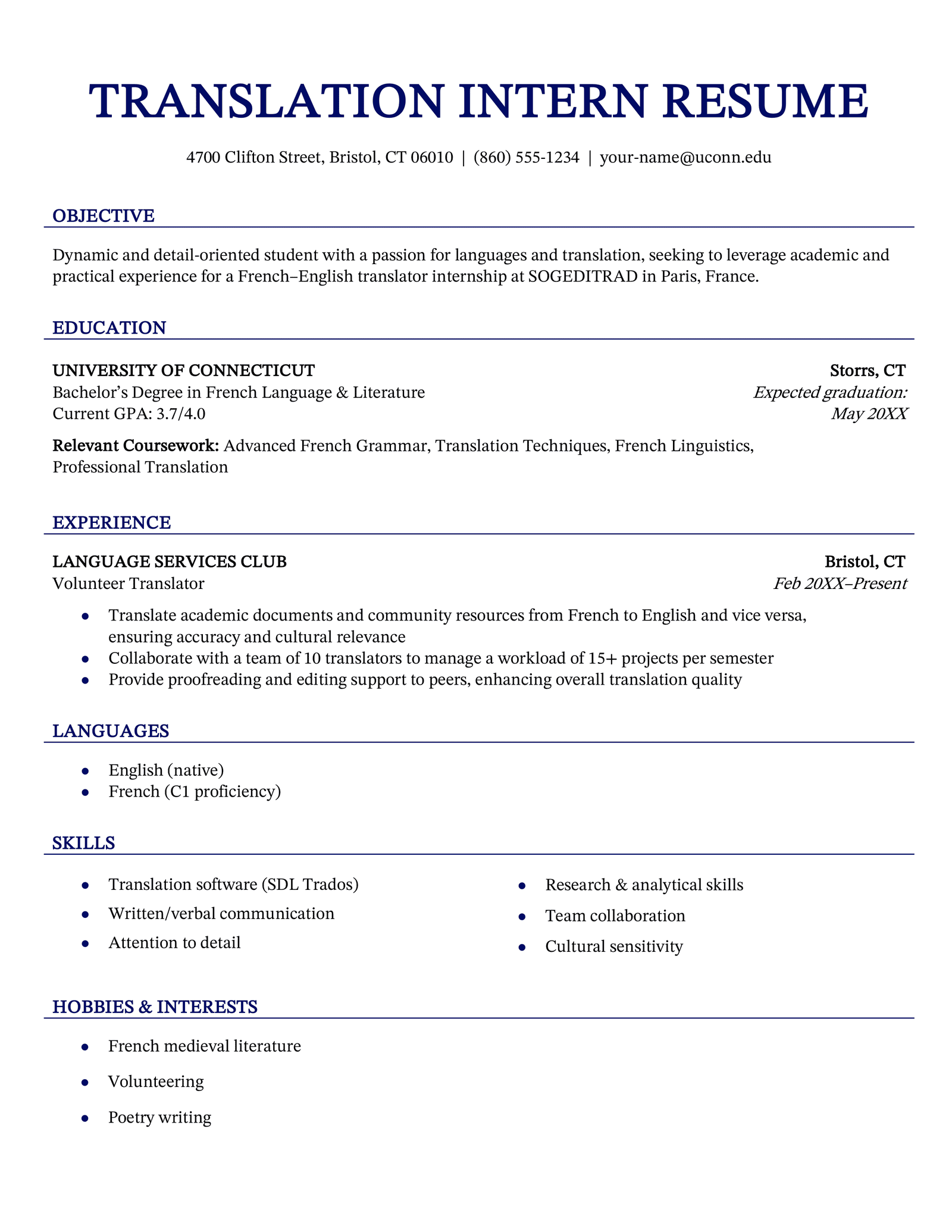 An beginner translation resume for an internship.