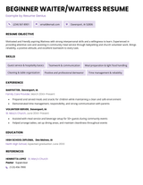 A beginner waiter/waitress resume example.