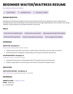 A beginner waiter/waitress resume example.