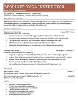 A resume example for a beginner yoga teacher.