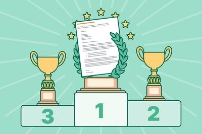 An awards podium with the best cover letter on the first place platform.