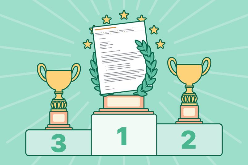 An awards podium with the best cover letter on the first place platform.