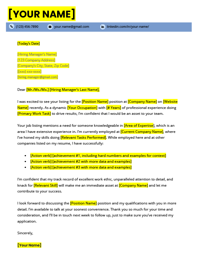 One of the best cover letters you'll find online with a blue header and yellow highlights where you should plug in your own information.