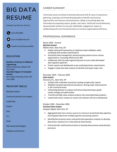 A big data resume sample with a blue left-hand margin to highlight the applicant's professional title, contact information, education and key skills