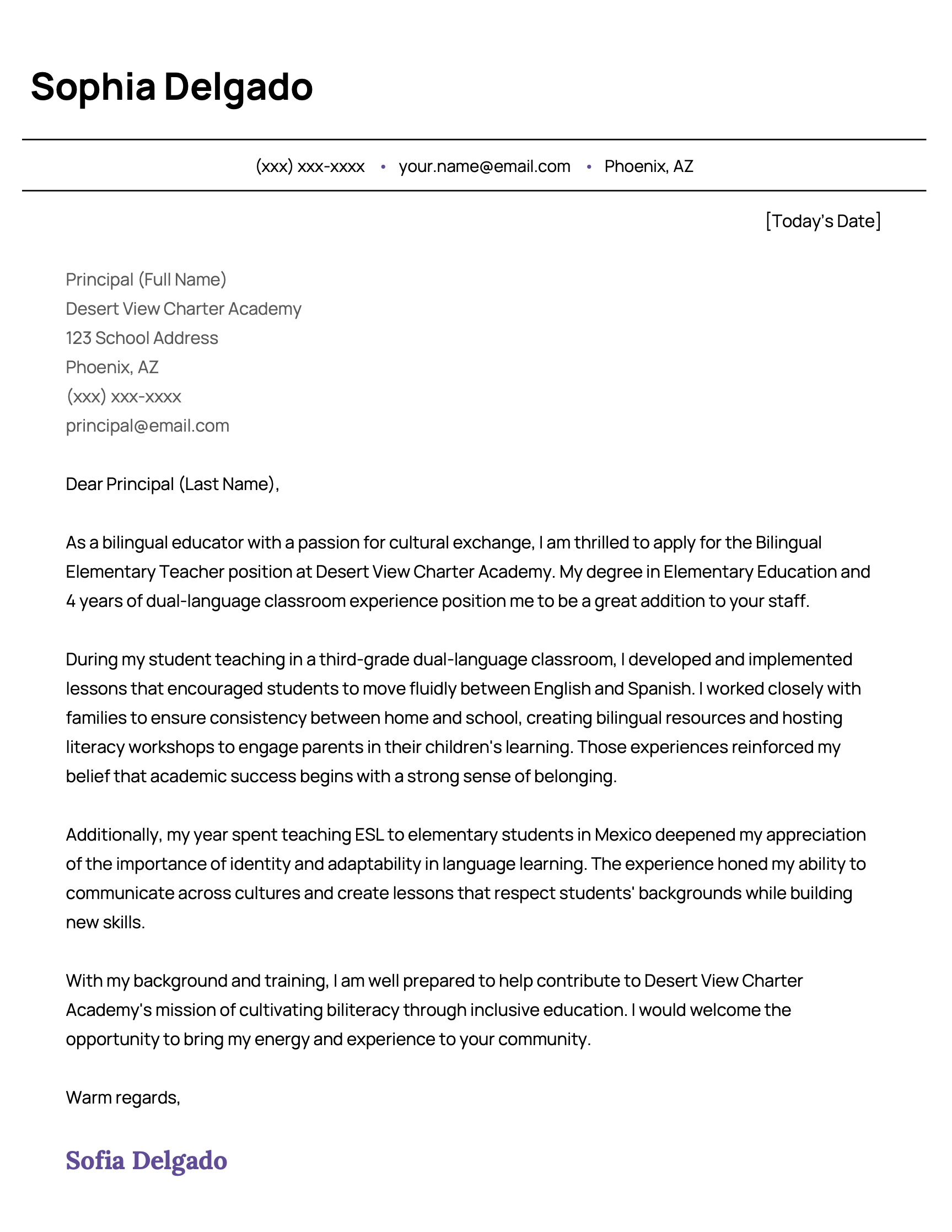 An elementary teacher cover letter for a bilingual elementary teacher job.
