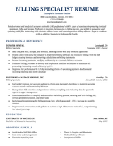 A billing specialist resume sample with a blue title, an objective, as well as professional experience, education and additional skills sections