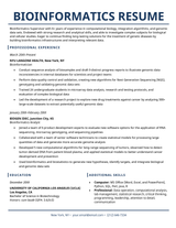 A bioinformatics resume example with a dark blue color scheme and contact information listed in the footer