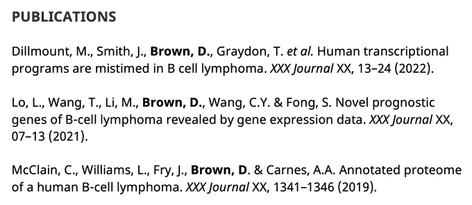 Example of how to list your publications in a dedicated section on your bioinformatics resume