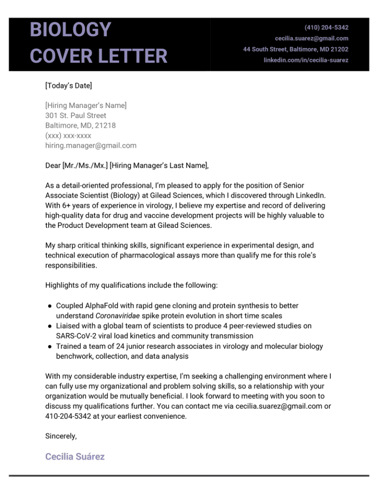 examples of cover letters for biology jobs