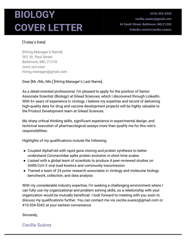 Biology Cover Letter Example And Downloadable Template 