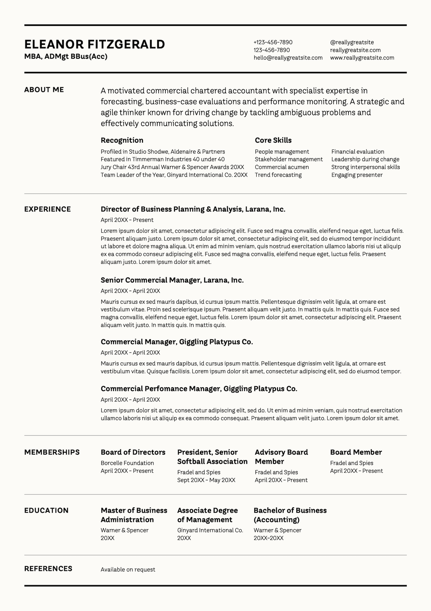 A black and white corporate style Canva resume template.