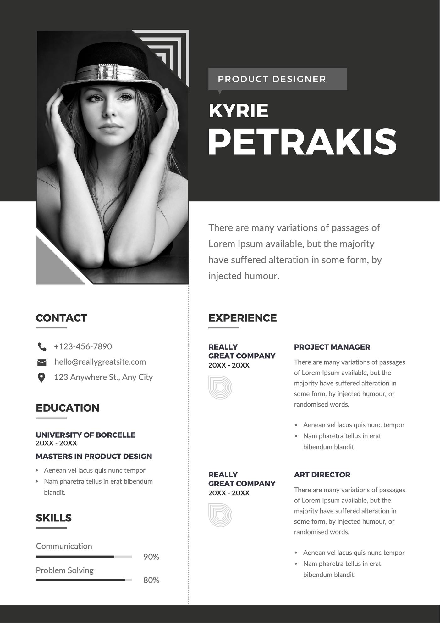A black and white infographic resume template.