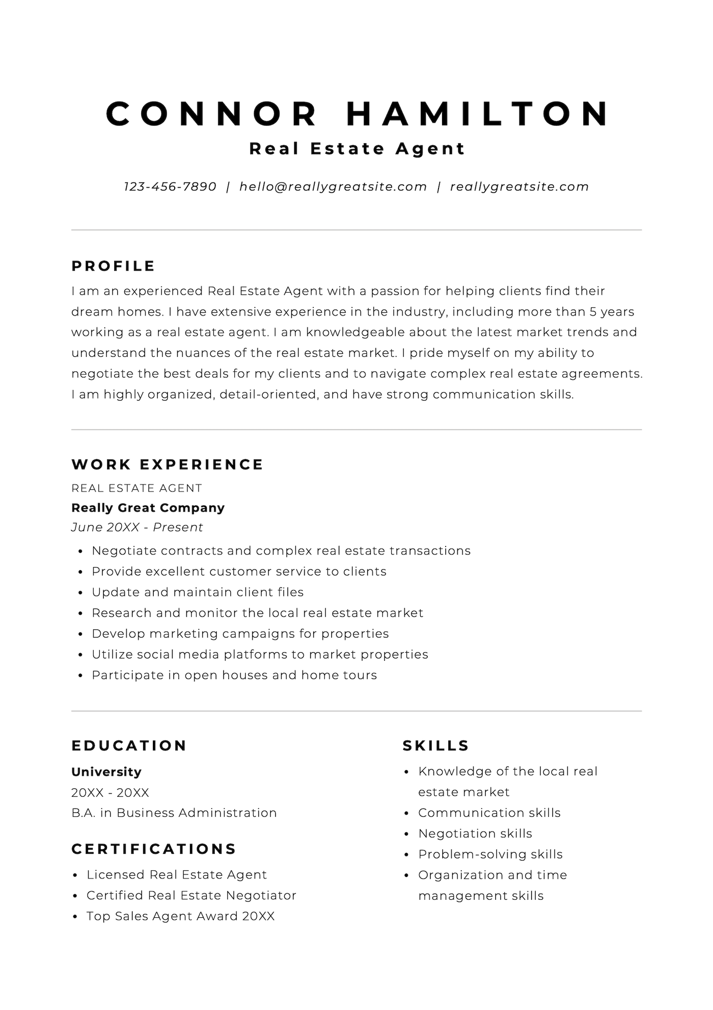 A black and white minimalist Canva resume template.