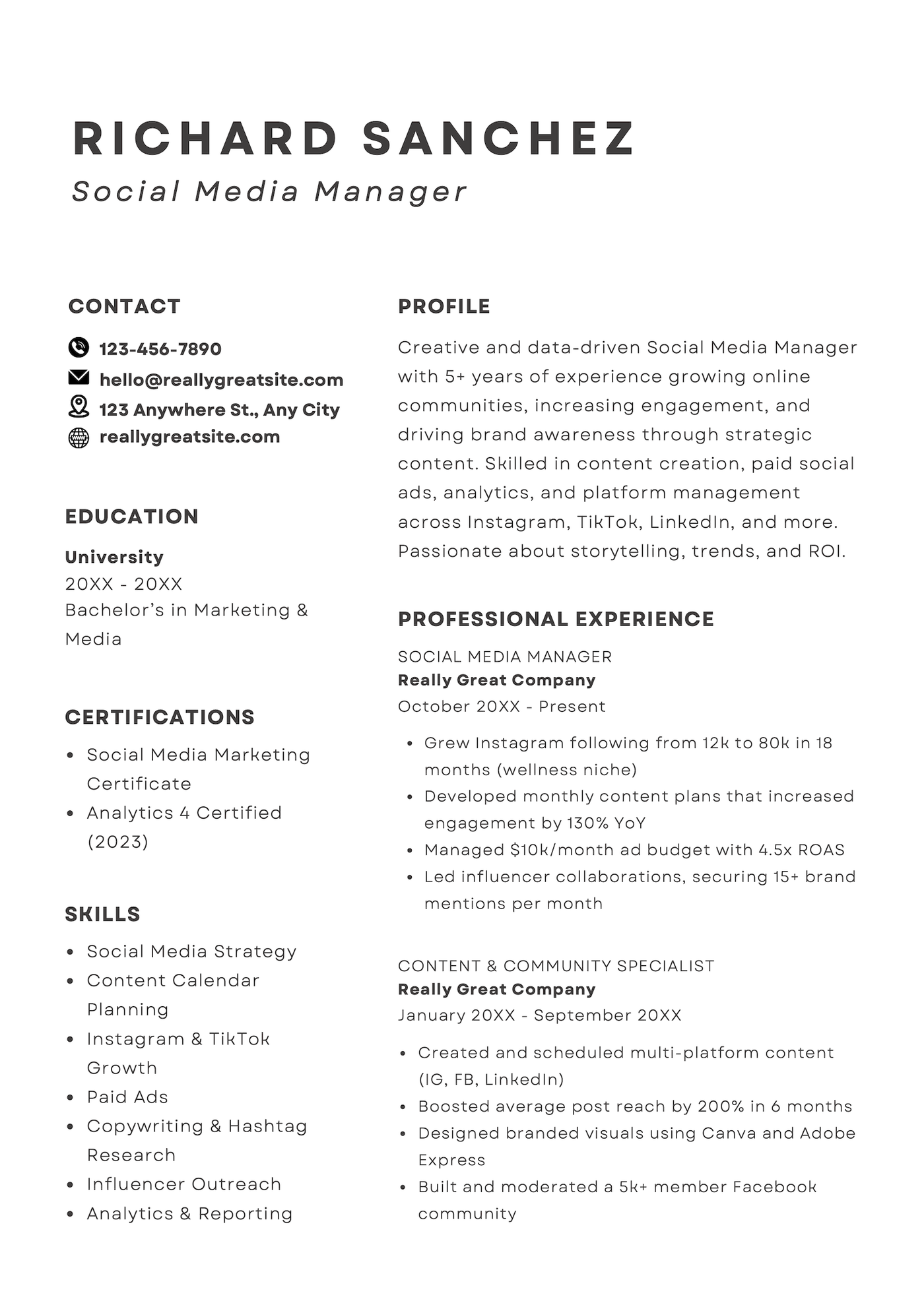 A black and white simple Canva resume template.