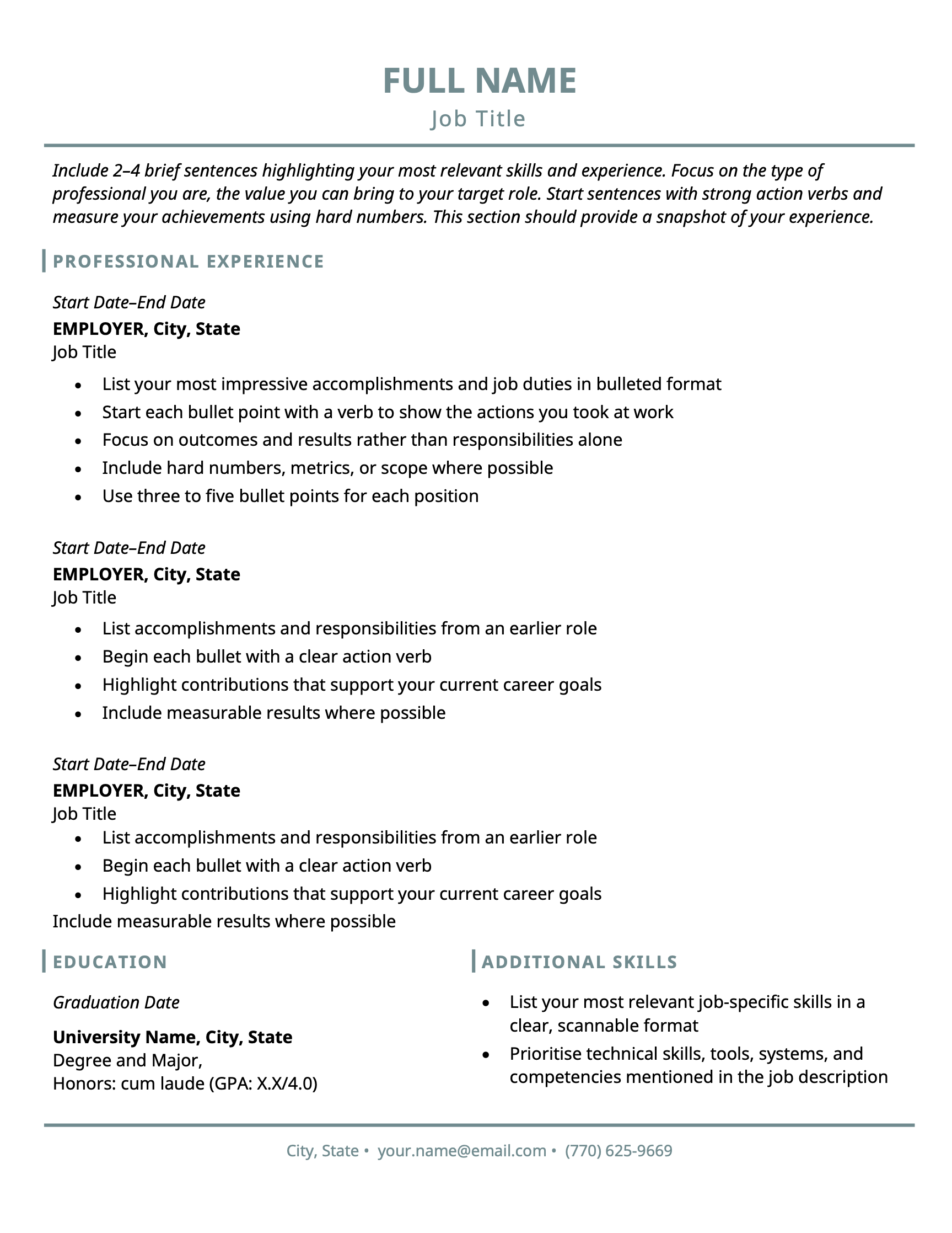 A blank resume template laid out using the chronological resume format